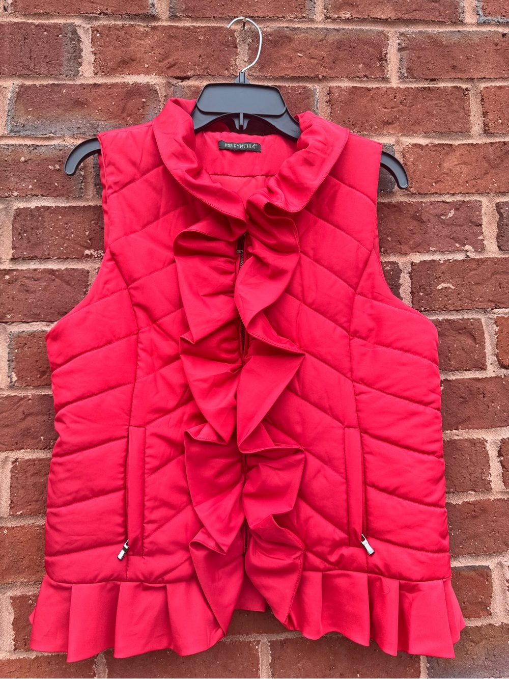 For Cynthia Bright Red Quilted Ruffle Vest